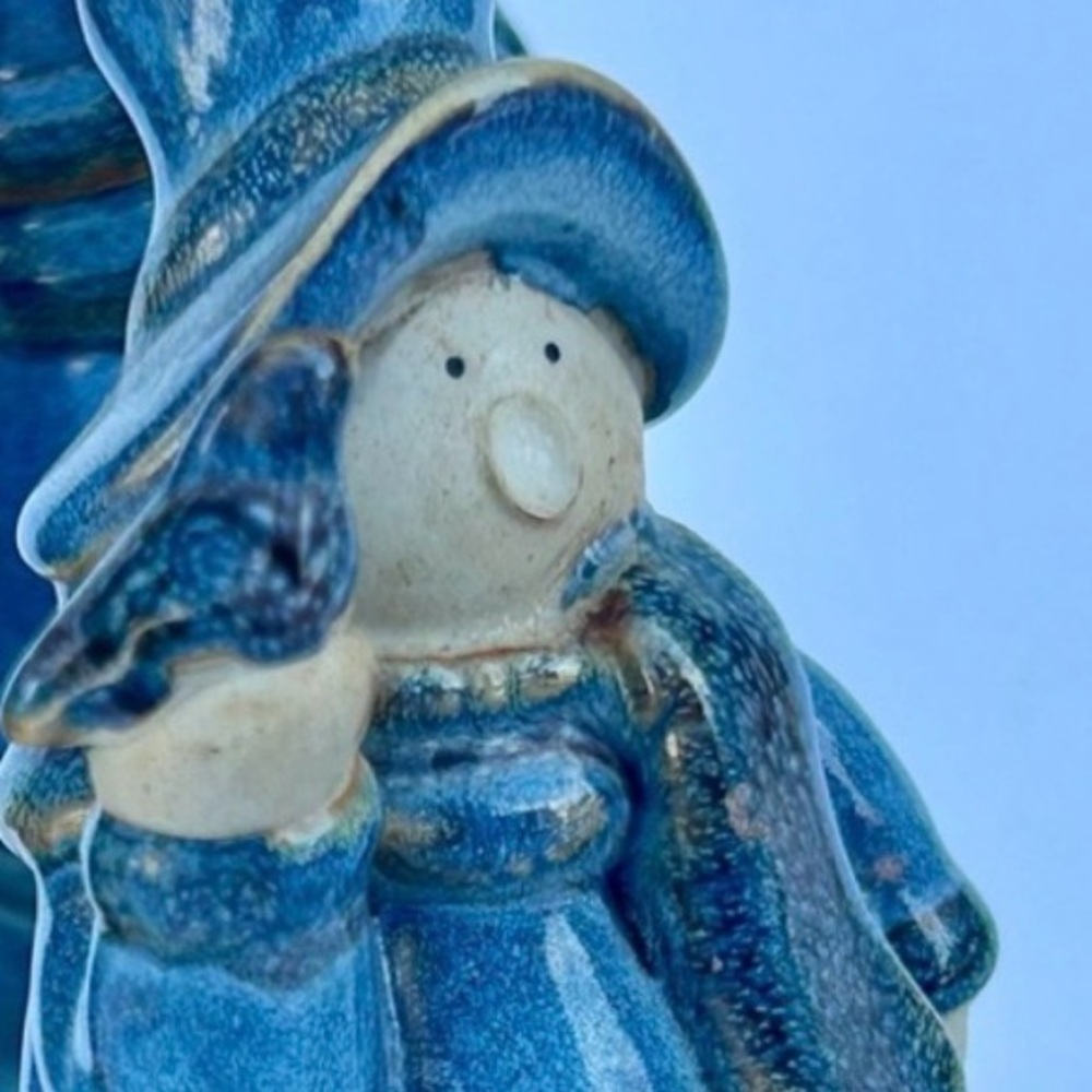 Vintage Christmas Decor Accents Blue Stoneware Snowman Candle Holder Festive Art - Picture 5 of 15